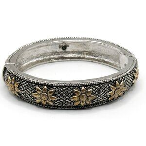 JC Marked Heavy Gold And Silver Tone Sun Flower Oval Hinge Cuff 7" Bracelet‎